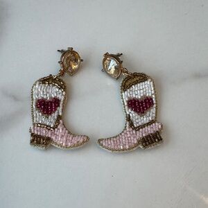 Beaded Cowboy Boot Earrings with Heart Design